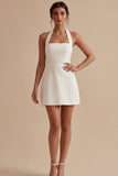 White Halter Short A Line Backless Graduation Dress
