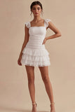 White Square Neck Short Ruched A Line Graduation Dress with Ruffles