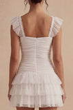 White Square Neck Short Ruched A Line Graduation Dress with Ruffles
