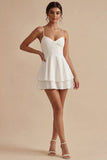 White Short A Line Spaghetti Straps Graduation Dress with Ruffles