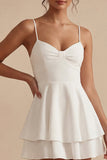 White Short A Line Spaghetti Straps Graduation Dress with Ruffles