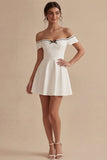 White Off the Shoulder Short A Line Graduation Dress with Bow
