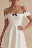 White Off the Shoulder Short A Line Graduation Dress with Bow