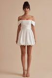 White Ruched Off the Shoulder Short A Line Graduation Dress