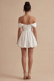 White Ruched Off the Shoulder Short A Line Graduation Dress
