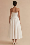 White Strapless Ruched A Line Maxi Beach Wedding Dress