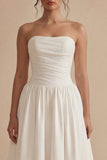 White Strapless Ruched A Line Maxi Beach Wedding Dress
