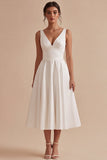 White A Line V Neck Midi Engagement Dress
