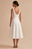 White A Line V Neck Midi Engagement Dress