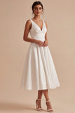 White A Line V Neck Midi Engagement Dress