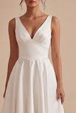 White A Line V Neck Midi Engagement Dress