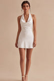 Simple Halter A Line Backless Little White Dress