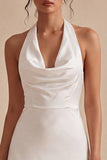 Simple Halter A Line Backless Little White Dress