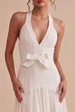 Halter White A Line Mini Dress with Bow