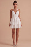 White A Line Halter Tiered Ruffle Mini Dress with Bow