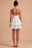 White A Line Halter Tiered Ruffle Mini Dress with Bow