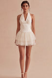 A Line Halter White Tiered Ruffle Corset Mini Dress