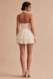 A Line Halter White Tiered Ruffle Corset Mini Dress