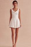 White Cowl Neck A Line Mini Graduation Dress