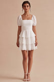 A Line White Tiered Ruffle Square Neck Mini Dress with Puff Sleeves