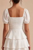 A Line White Tiered Ruffle Square Neck Mini Dress with Puff Sleeves