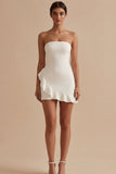 Strapless Bodycon Ruffled Little White Dress