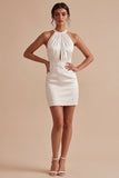 White Halter Bodycon Ruched Keyhole Mini Dress