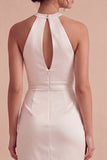 White Halter Bodycon Ruched Keyhole Mini Dress