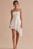 A Line Spaghetti Straps Ruched Ruffled White Mini Dress