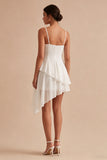 A Line Spaghetti Straps Ruched Ruffled White Mini Dress