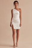 One Shoulder White Bodycon Ruched Mini Graduation Dress with Slit