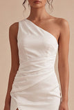 One Shoulder White Bodycon Ruched Mini Graduation Dress with Slit