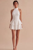 A Line Sequin Halter White Tiered Ruffle Mini Dress
