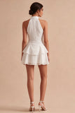 A Line Sequin Halter White Tiered Ruffle Mini Dress