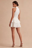 A Line Sequin Halter White Tiered Ruffle Mini Dress