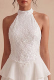 A Line Sequin Halter White Tiered Ruffle Mini Dress