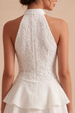 A Line Sequin Halter White Tiered Ruffle Mini Dress