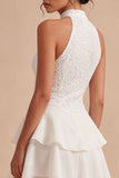 A Line Sequin Halter White Tiered Ruffle Mini Dress