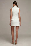 White 2 Piece Notched Lapel Single Breasted Short Business Dress with Belt