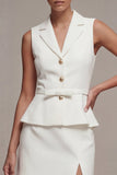 White 2 Piece Notched Lapel Single Breasted Short Business Dress with Belt