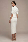White Single Breasted 2 Piece Notched Lapel Long Business Dress with Pockets