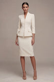 Ivory 3/4 Sleeves Shawl Lapel 2 Piece Single Breasted Midi Business Dress
