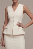 Ivory Single Breasted V-Neck 2 Piece Business Dress