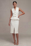 White Midi 2 Piece Notched Lapel Single Breasted Business Dress with Slit