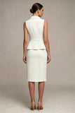 White Midi 2 Piece Notched Lapel Single Breasted Business Dress with Slit