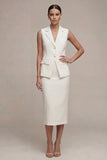 Single Breasted White Midi 2 Piece Notched Lapel Business Dress with Back Slit