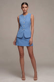 Steel Blue 2 Piece Round Neck Short Single Breasted Business Dress