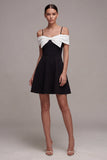 Black and White Cold Shoulder A Line Cocktail Dress with Bow