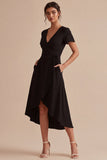 A Line High Low V-Neck Short Sleeves Little Black Dress with Pockets