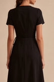 A Line High Low V-Neck Short Sleeves Little Black Dress with Pockets
